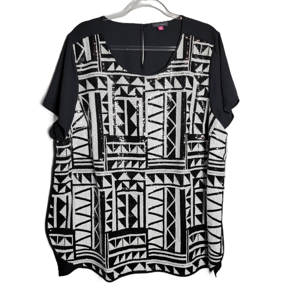 Vince Camuto Modern Tribe Black Sequin Geometric Print Tunic Top 3X‎ NWT